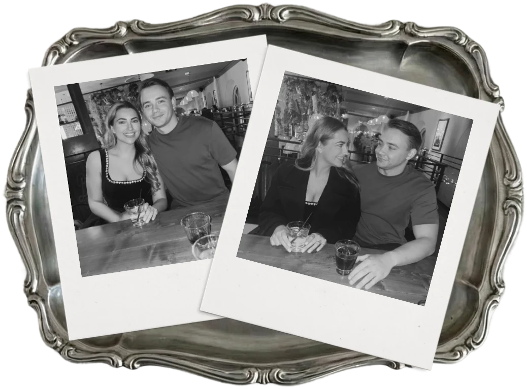 Polaroids of Jamie and Lewis on a silver tray